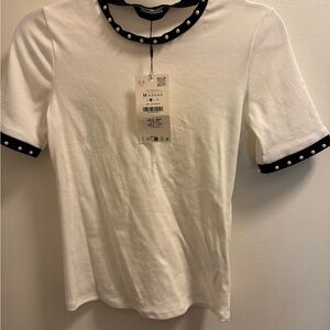 Zara Black Trim White Top with Pearl Accents